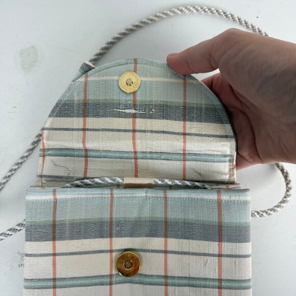 Sonia Benson Satin Plaid Bow Handbag White Blue Rope Strap Spring Preppy - Picture 6 of 9